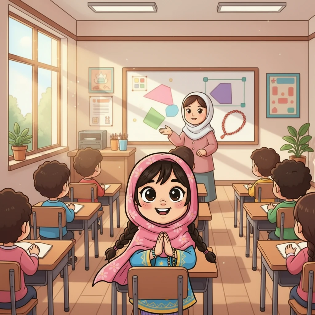في يوم مشمس، تجلس فاطمة في الصف السابع، متحمسة لبدء درس جديد. المعلمة شيرين، بابتسامتها الودودة، ترحب بالطلاب وتعدهم برحلة تعلم مثيرة حول الصلاة. يملأ الصف بالبهجة والترقب.