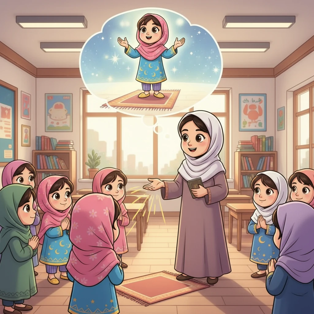 تبدأ المعلمة شيرين بشرح أركان الصلاة، موجهة فاطمة وزميلاتها في فهم أهمية النية والقيام بتكبيرة الإحرام. تتخيل فاطمة نفسها واقفة أمام الله، مصممة على أداء الصلاة بشكل صحيح.