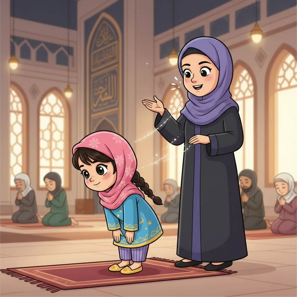 تنتقل المعلمة شيرين إلى شرح كيفية قراءة سورة الفاتحة والركوع والطمأنينة فيه، مع التركيز على أهمية التركيز والخشوع. تتخيل فاطمة نفسها في المسجد، تحاكي حركات الصلاة بدقة.