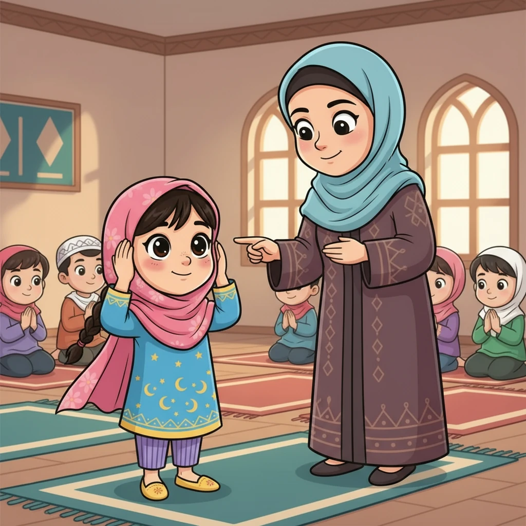 تشرح المعلمة شيرين سنن الصلاة، مثل رفع اليدين والدعاء ووضع اليد اليمنى على اليسرى. تدرك فاطمة أن الصلاة ليست مجرد حركات، بل هي وسيلة للتواصل مع الله.