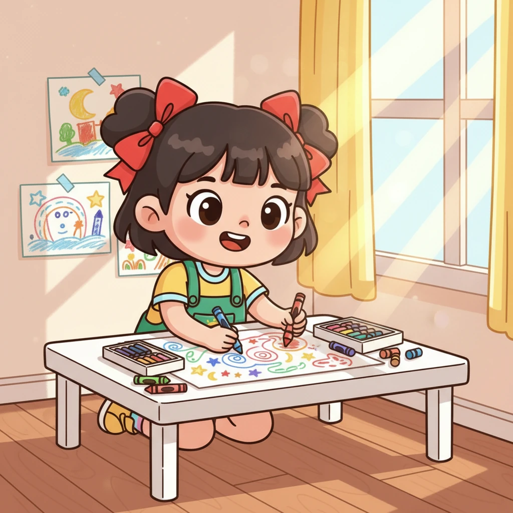 小豆豆是一个喜欢画画的小女孩。她的房间里阳光明媚,桌上摆满了五颜六色的蜡笔。她最喜欢用这些蜡笔画出各种奇妙的图案。