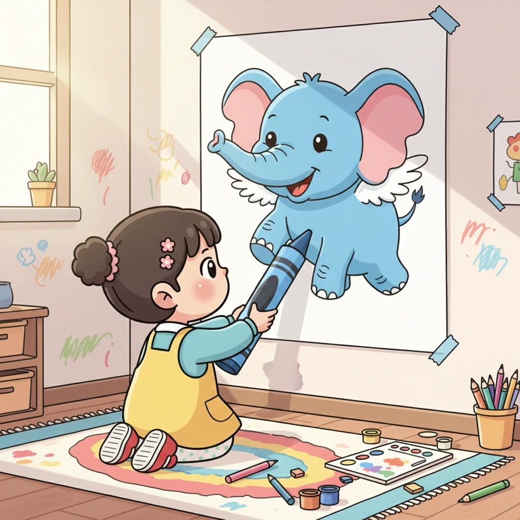 今天,她画了一只大大的蓝色小象。这只小象长着一对迷你翅膀,脸上带着开心的笑容,好像随时都能飞起来。