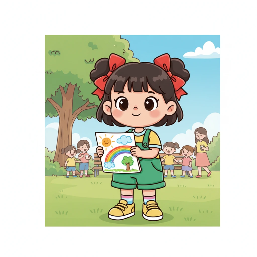 小豆豆看着自己的画,心里有点小兴奋。她很想把这幅画分享给别人看,但又有点害羞,不知道该怎么开口。