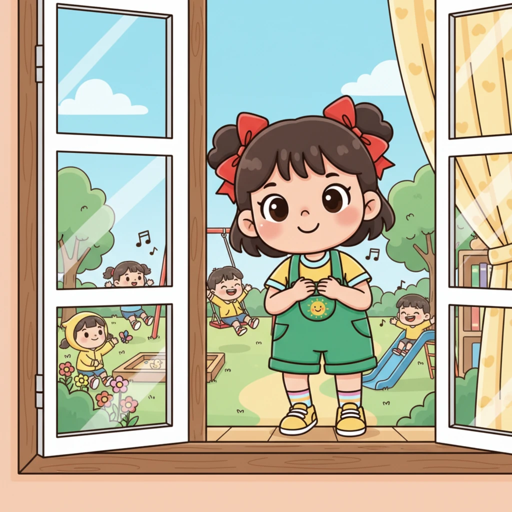 她悄悄走到窗边,向外张望。窗外的小公园里,有几个小朋友正在开心地玩耍,笑声阵阵。