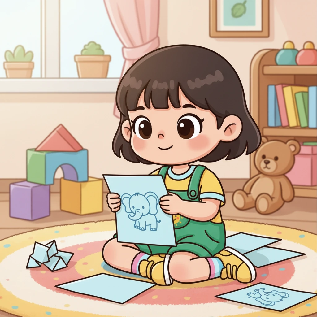 突然,小豆豆有了一个好主意!她小心翼翼地把蓝色小象的画折成了一架小小的纸飞机。