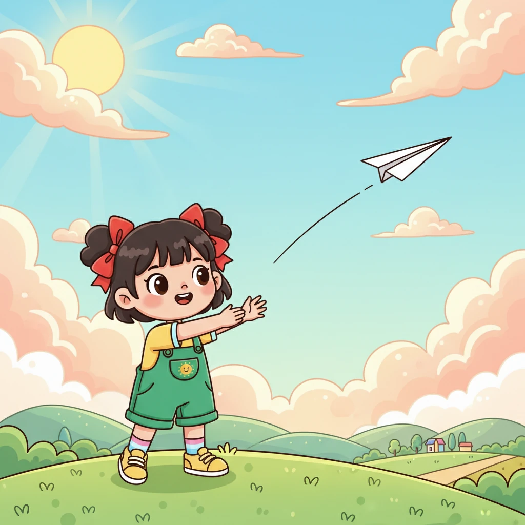 她深吸一口气,轻轻地把纸飞机抛了出去。纸飞机带着她的心愿,在空中划出一道美丽的弧线,飞向远方。