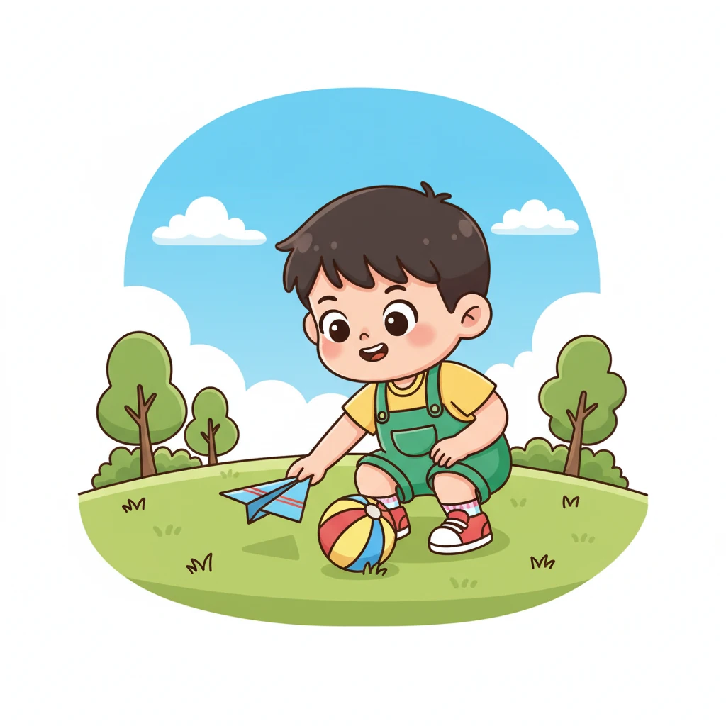 纸飞机稳稳地降落在一个正在玩球的小男孩身边。小男孩叫小杰,他好奇地捡起了这架特别的飞机。