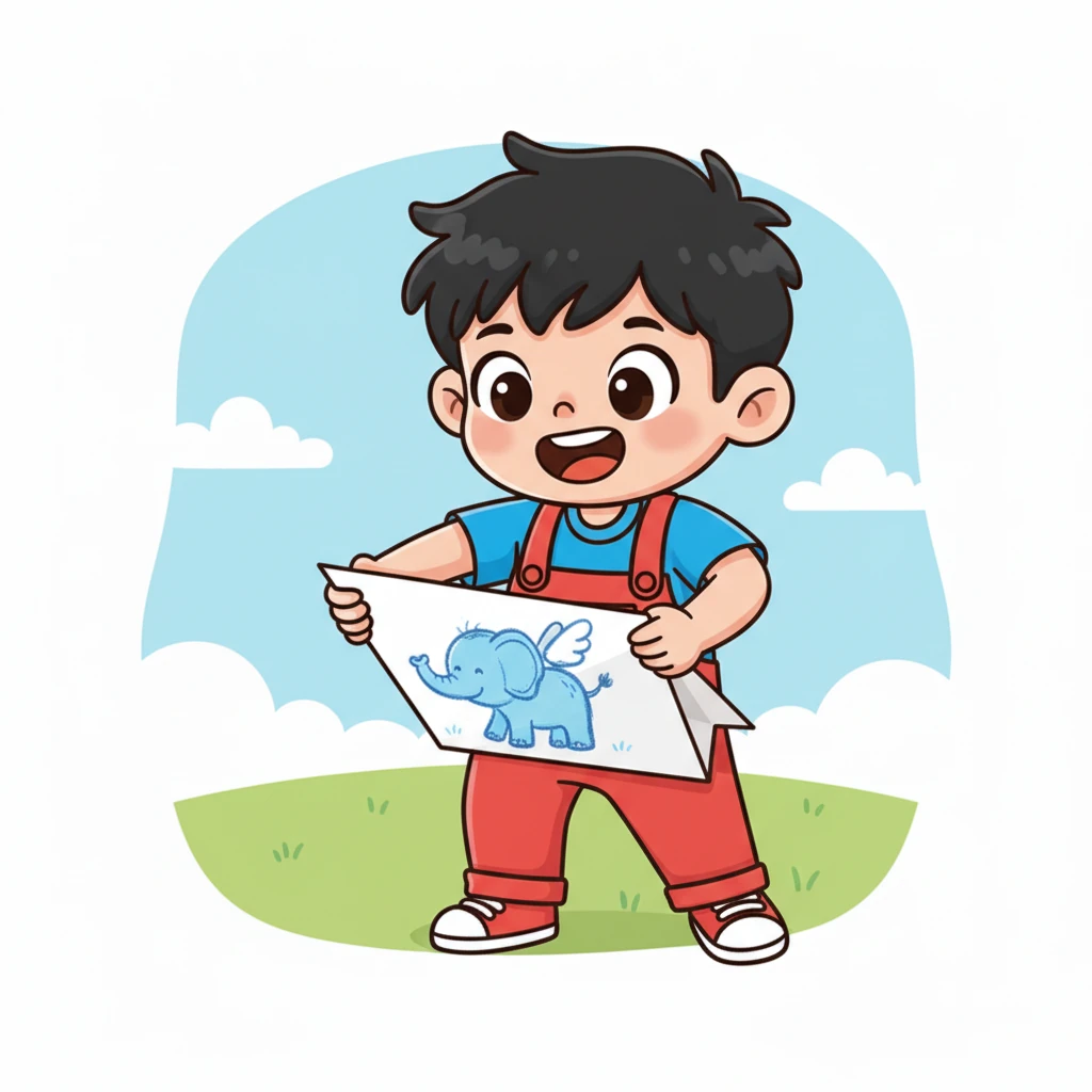 小杰打开纸飞机,看到了那只带着翅膀的蓝色小象,立刻露出了灿烂的笑容。他觉得这幅画真是太有趣了。