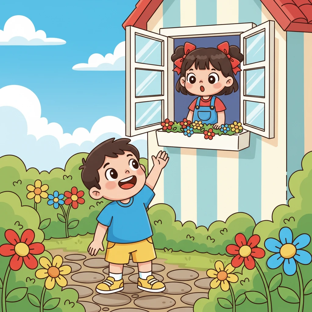 小杰抬起头,看到了窗边的小豆豆。他开心地对她挥了挥手,示意她下来一起玩。