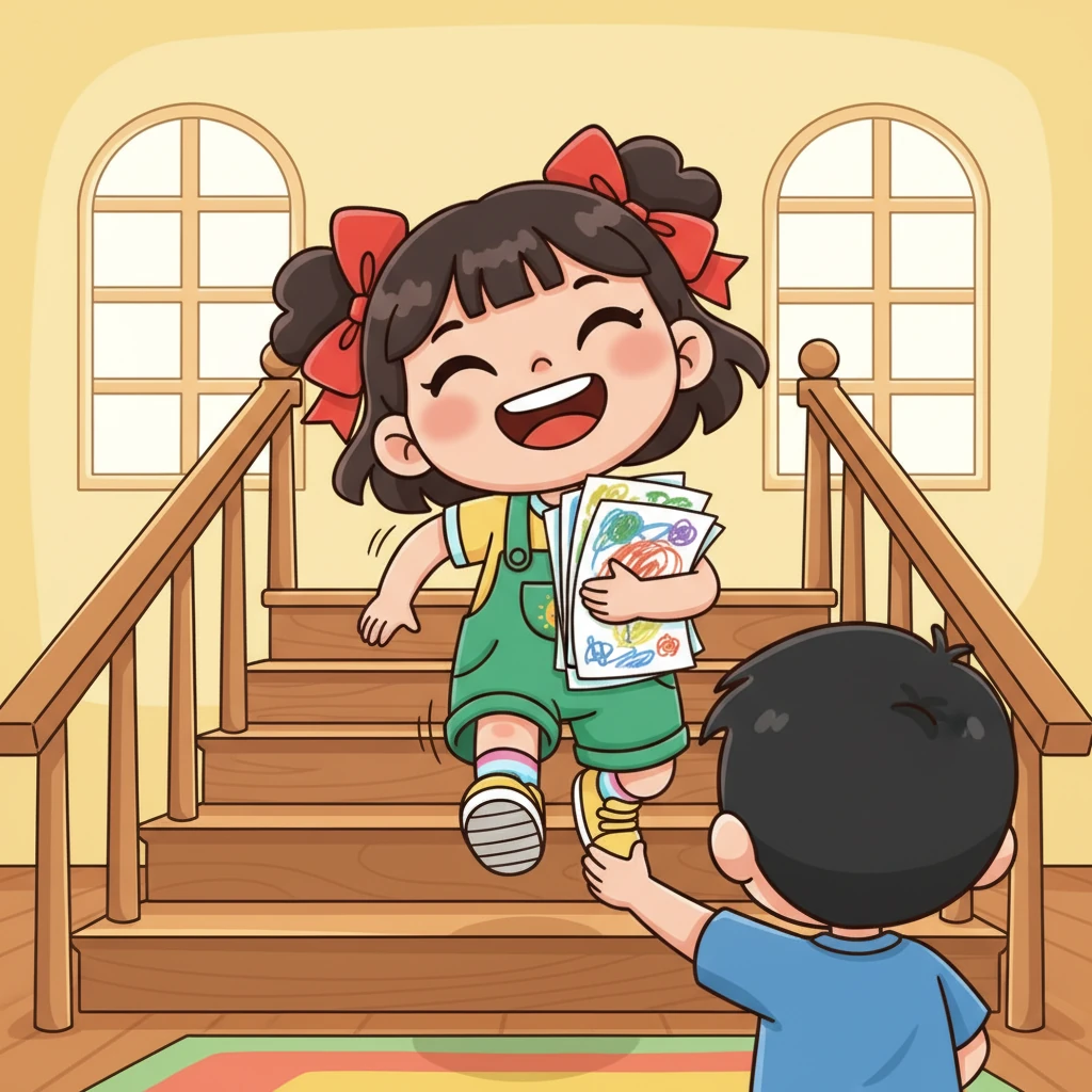 小豆豆看到小杰的笑容,也开心地咯咯笑起来。她赶紧抓起剩下的画,飞快地跑下楼,去和新朋友小杰一起玩耍了。