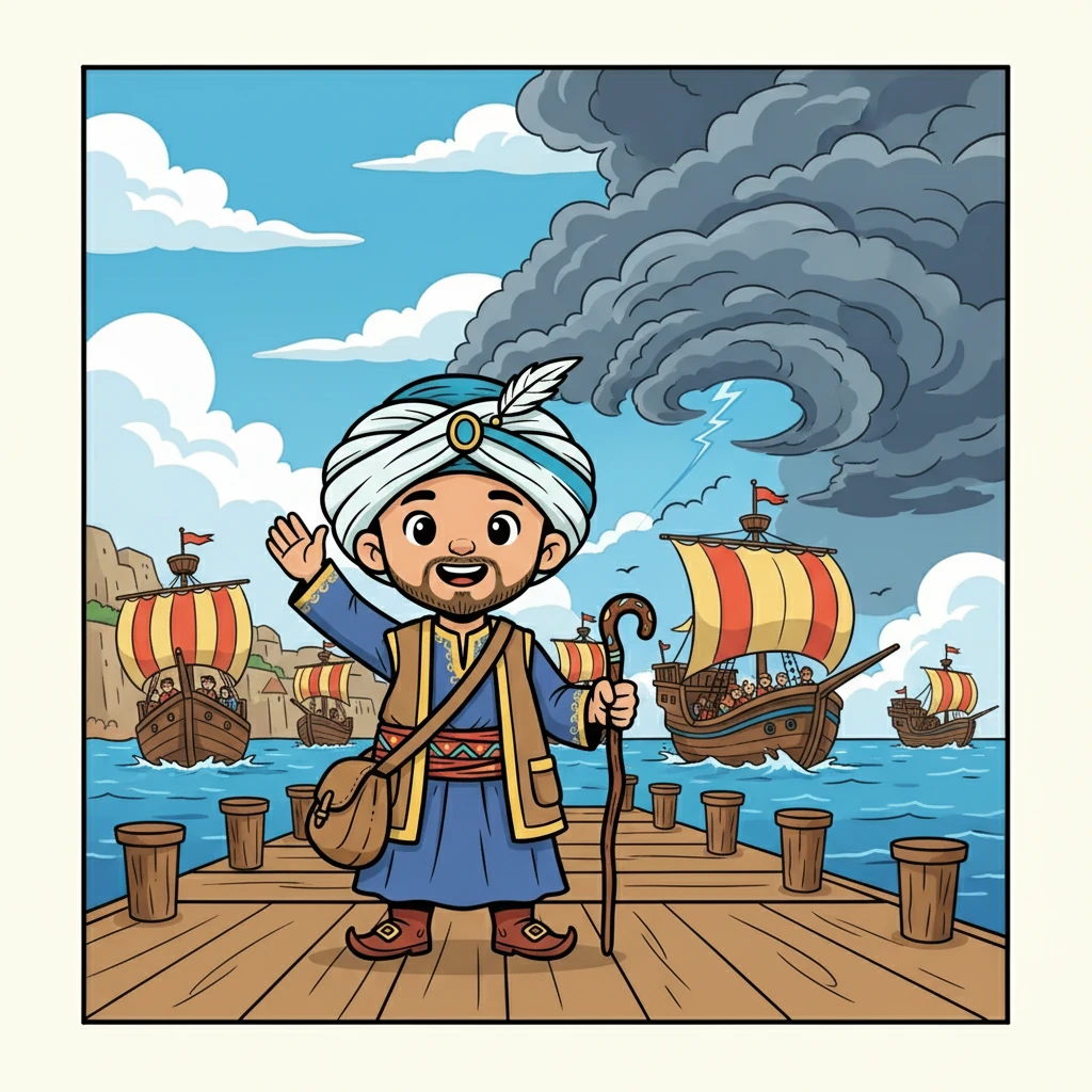 Ibnu Batutah, dengan harapan baru, bersiap untuk berlayar dari Calicut menuju Tiongkok, membawa hadiah mewah untuk Kaisar. Kapal-kapal besar berlayar, penuh dengan harapan dan impian akan perjalanan yang sukses. Namun, langit mulai berubah, mengisyaratkan bahaya yang akan datang.