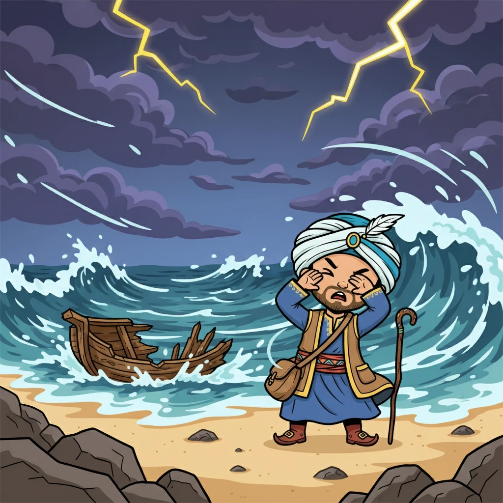 Tiba-tiba, badai dahsyat menerjang. Angin mengamuk, ombak menghantam kapal-kapal dengan kekuatan yang luar biasa. Kapal yang membawa harta Ibnu Batutah hancur berkeping-keping di pantai, harapan sirna dalam sekejap.