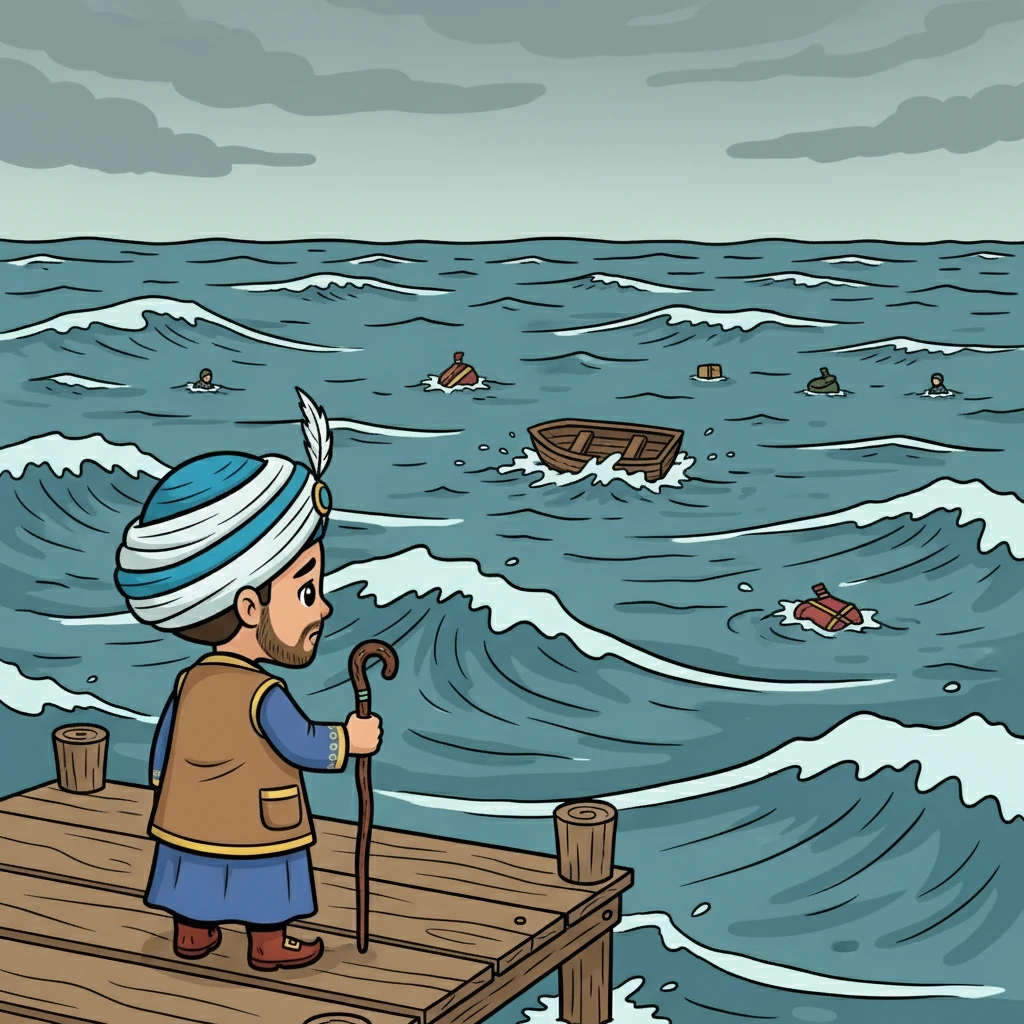 Ibnu Batutah berdiri tak berdaya di dermaga, menyaksikan kekayaannya dan para pelayannya hilang ditelan ombak. Kesedihan dan keputusasaan menyelimuti dirinya, ia merasa kehilangan segalanya sekali lagi.