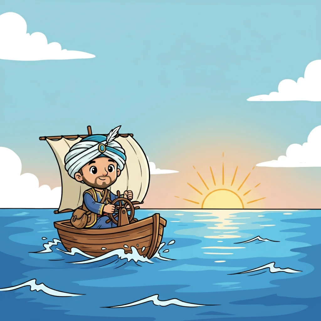 Dengan sisa-sisa tekad, Ibnu Batutah menumpang kapal kecil yang berani berlayar ke timur. Perjalanan yang melelahkan melintasi lautan yang luas, dengan harapan baru yang tumbuh di dalam hatinya.