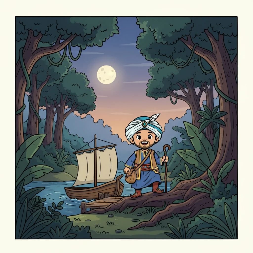 Setelah berhari-hari berlayar, kapal kecil itu akhirnya berlabuh di sebuah pulau berhutan lebat. Ibnu Batutah turun dengan hati-hati, merasakan keasingan dan kesendirian di tengah kegelapan.