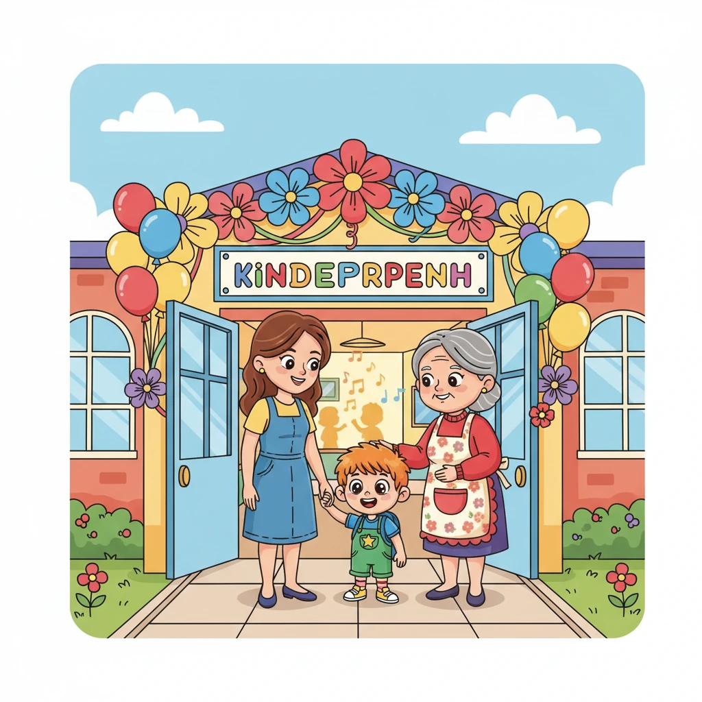 Наконец, вся семья — Артемка, мама Юля и баба Люба — прибыли в детский сад. Вход был украшен яркими шарами и бумажными цветами, а изнутри доносились весёлые детские голоса. Артемка крепко держал маму за руку, чувствуя приятное волнение.