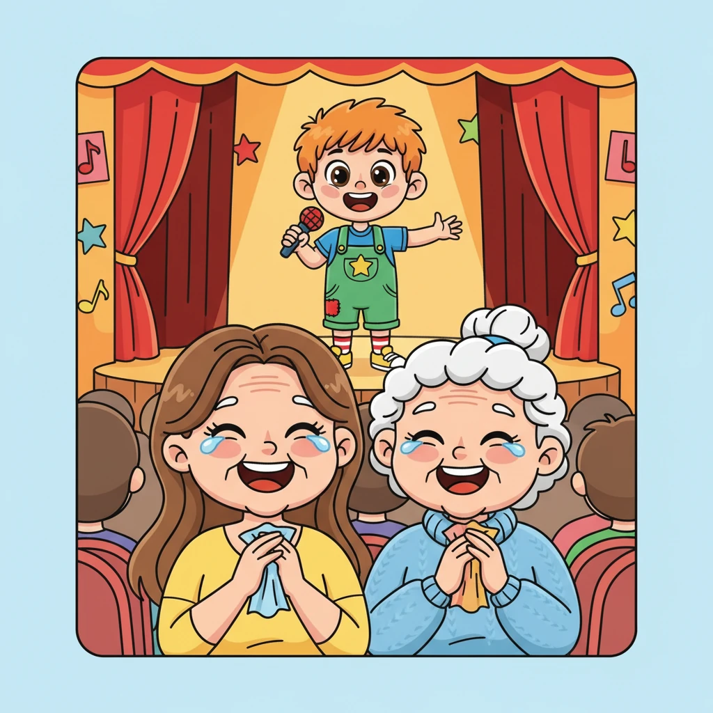 Мама Юля и баба Люба сидели в первом ряду, сияя от гордости. Их глаза были полны нежности, когда они смотрели на своего маленького артиста. Они тихонько вытерли слезинки радости, слушая Артемку.