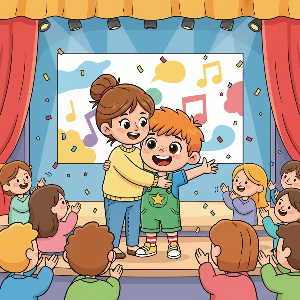 После выступления Артемка получил самые громкие аплодисменты. Тётя Света обняла его и похвалила. Он почувствовал себя настоящим героем дня, счастливым и довольным собой.