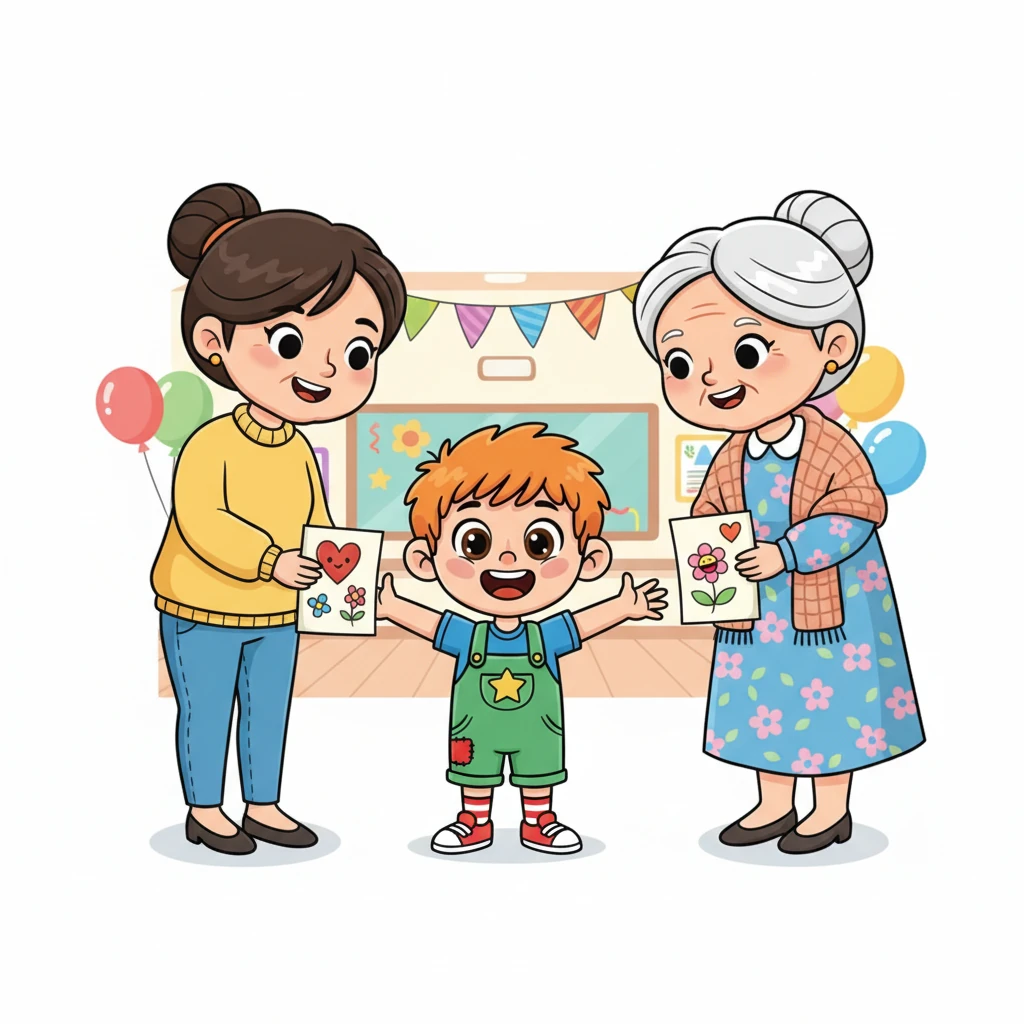 По окончании утренника, Артемка подошёл к маме и бабушке. Он вручил им по самодельной бумажной открытке, которую сделал своими ручками в садике. На открытках были нарисованы смешные цветочки и сердечки.