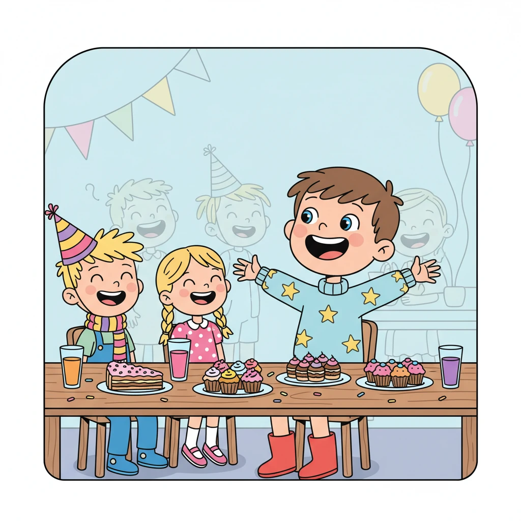 Затем всех ждало угощение! На столах стояли вкусные пирожные и сок. Артемка весело болтал со своими друзьями, рассказывая о своём выступлении. Это был самый лучший праздник, полный смеха и угощений.