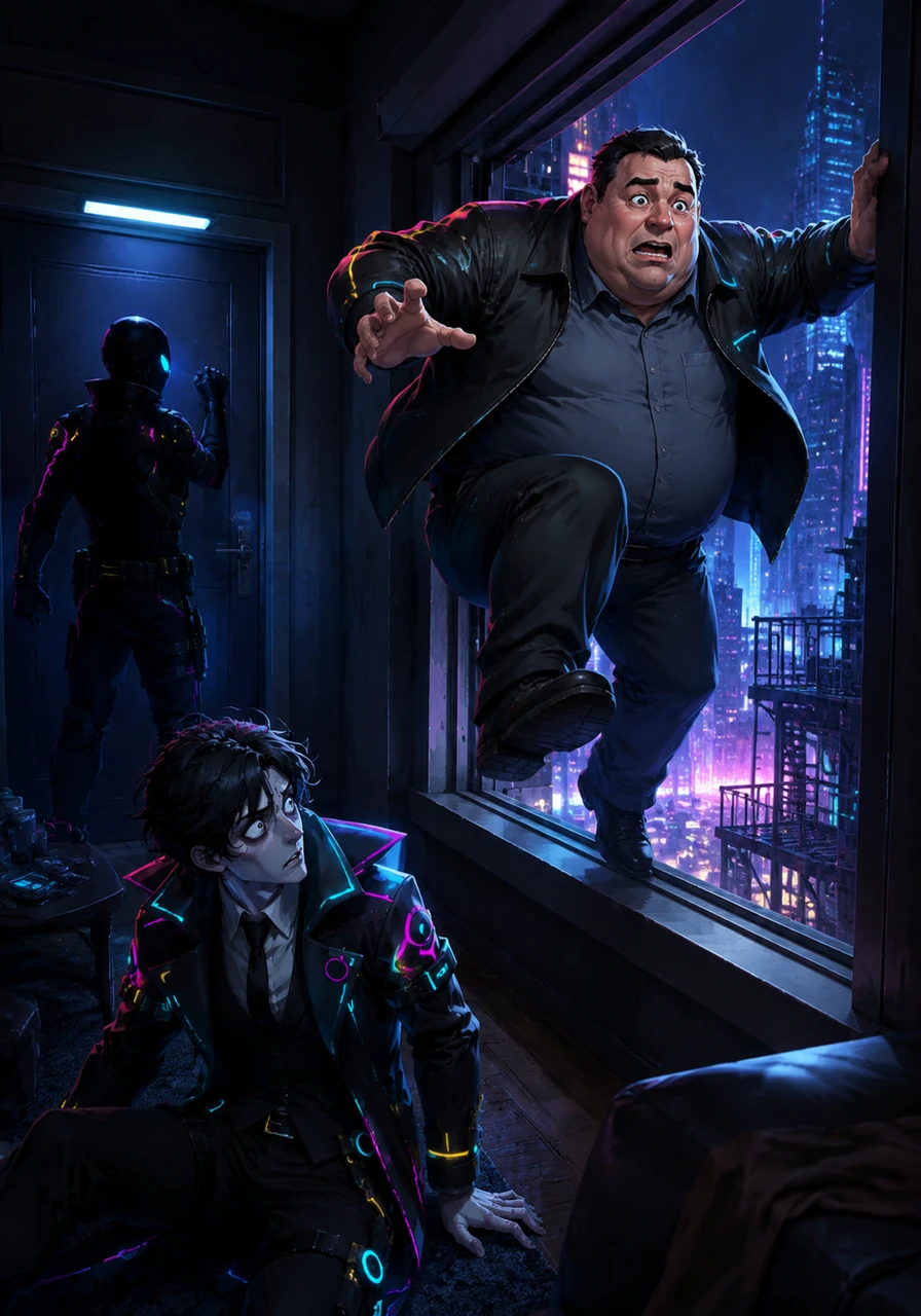 A sudden, sharp knocking at the door sends a bolt of terror through Max, who believes the police have arrived. Panicked and desperate to escape, he steps onto the windowsill and leaps into the dark night, expecting to land on the balcony Ausable described.