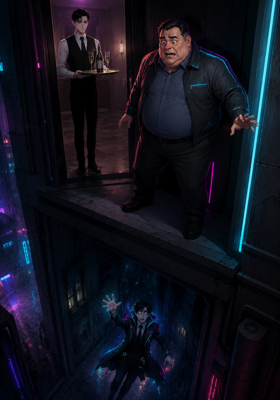 The door opens not to reveal the police, but a waiter calmly holding a tray with a bottle and two glasses. Fowler stands paralyzed with shock as he realizes there was never a balcony and that Max has fallen to the alleyway below.