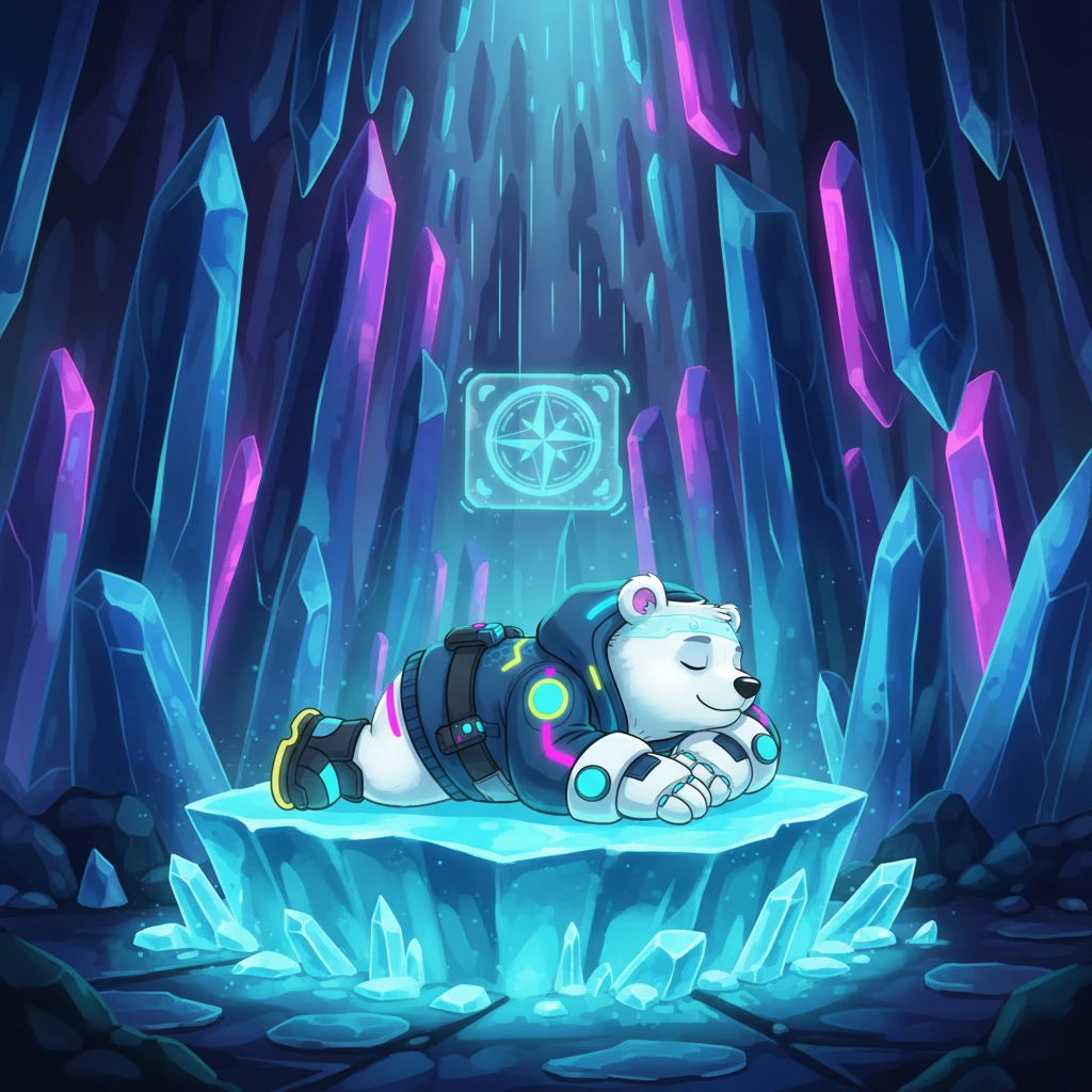 Kael, a magnificent polar bear, rests within a hidden, bioluminescent ice cavern beneath the sprawling metropolis of Neo-Oslo. His fur, a stark white, glows faintly against the vibrant neon blues and purples of the crystalline formations. This sanctuary is a relic, a silent testament to a world long forgotten, preserved amidst the city's relentless hum.