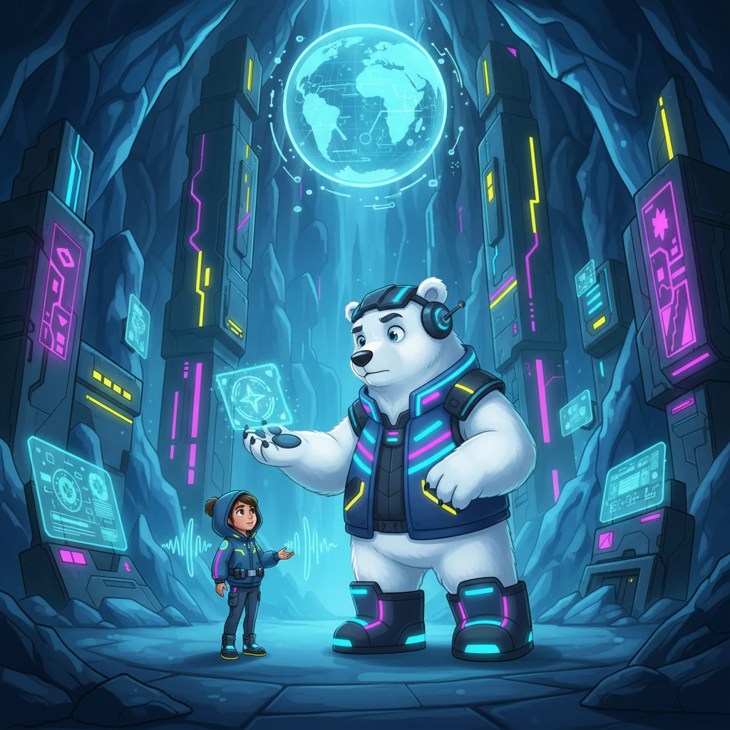 Lyra, realizing Kael isn't hostile, cautiously explains her desperate quest, her voice echoing in the vast chamber. Kael, sensing her pure intentions and recognizing the shared threat to his habitat, makes a silent decision. He offers his immense strength, an unlikely alliance forged in the heart of the neon glacier.