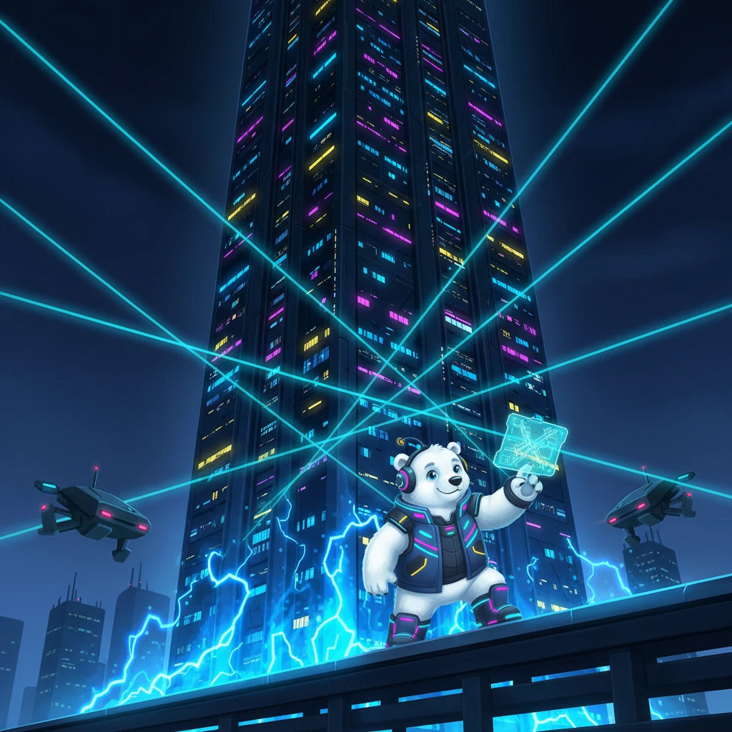 Their journey leads them to the towering Data Spire, rumored to house the purest cryo-crystals but heavily guarded by corporate security drones. Electric blue energy crackles around its base, and laser grids crisscross its lower levels, a formidable barrier to their urgent mission.