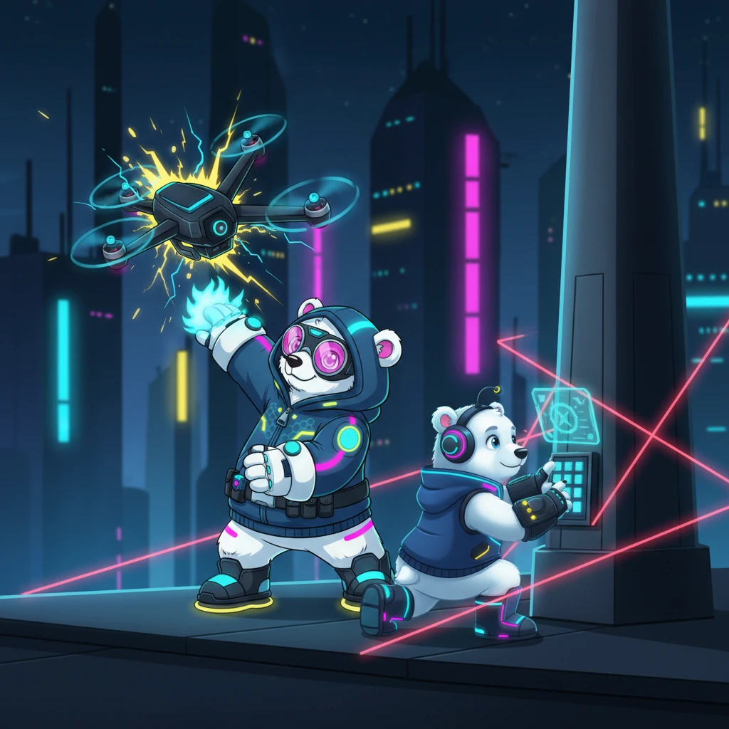 With a powerful, precise swipe, Kael disables a patrolling drone, sending sparks flying against the dark metal. Lyra, using her nimble fingers and hacked tech-gauntlets, bypasses the spire's complex laser grids. Their combined strengths, a blend of raw power and digital agility, prove a formidable force.