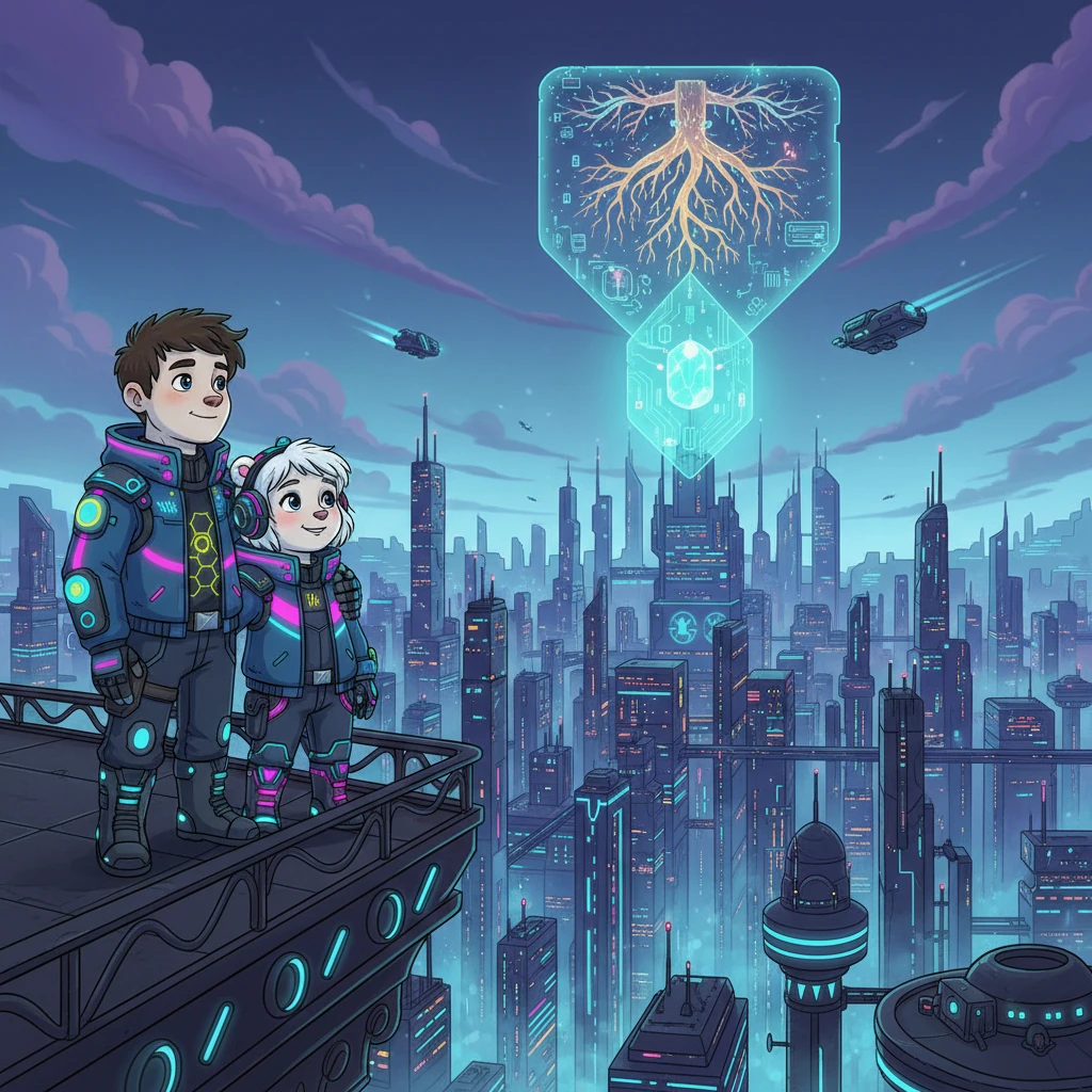 With the core stabilized and Lyra's grandmother now aided, Kael and Lyra stand on a high platform, overlooking the sprawling, glowing expanse of Neo-Oslo. The city still pulsates with life, but now, a fragile beacon of hope for balance between nature and technology shines brighter in their shared future, a testament to their extraordinary bond.