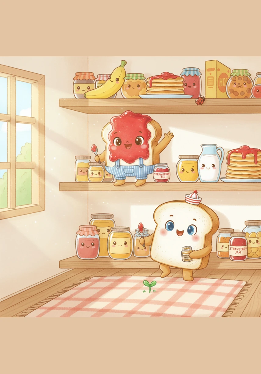 In a sun-drenched pantry, a jar of creamy peanut butter named Nutty sat quietly on his shelf. He was smooth, golden, and always wondered if there was more to life than the dark interior of his glass home.