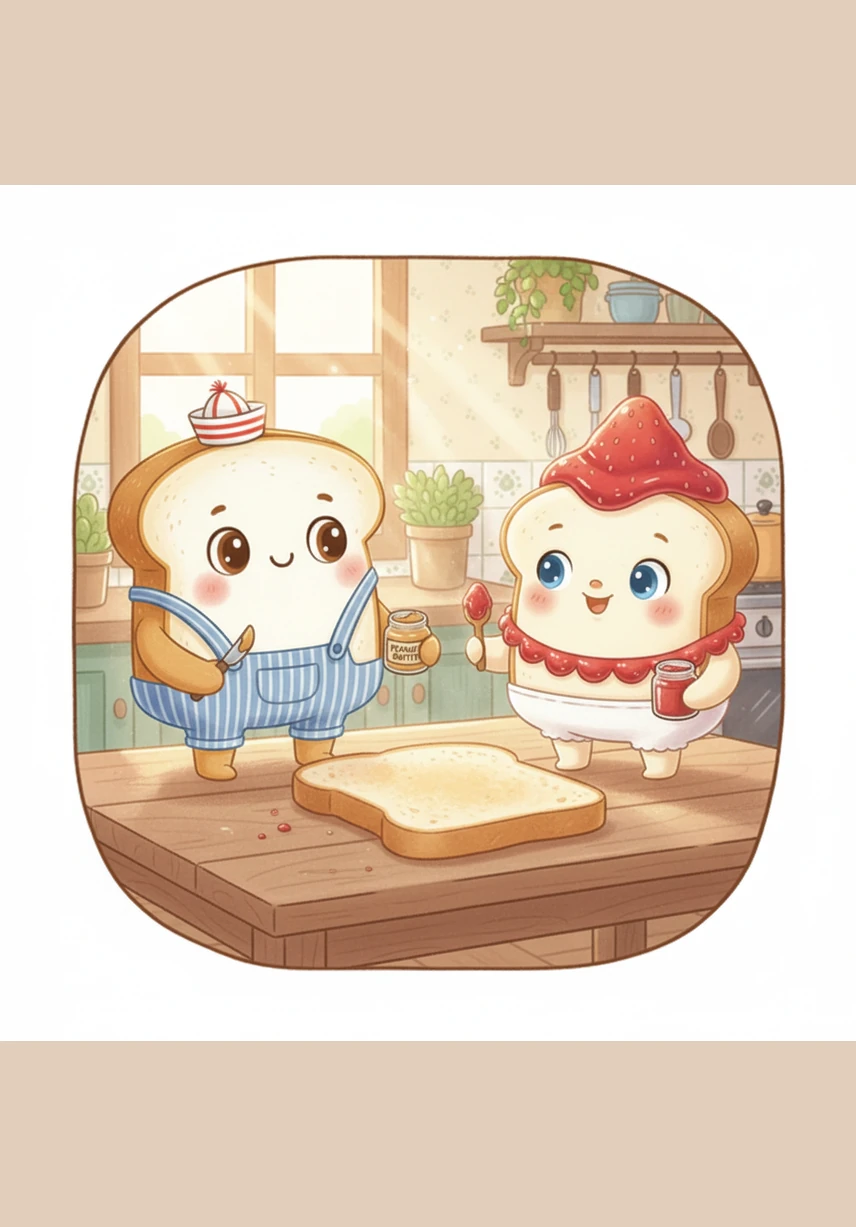 One bright morning, a silver knife swirled into the jar and spread Nutty onto a soft, fluffy slice of bread. He felt the warmth of the kitchen air for the first time, looking out at the wide world around him.