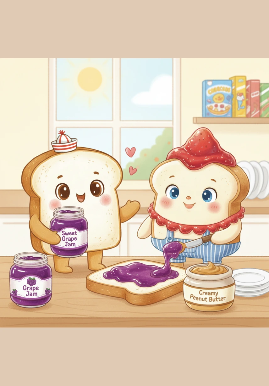 On the other side of the counter, a jar of sweet grape jelly named Jammy sparkled like a purple gemstone. She was full of spirit and sweetness, waiting for her chance to shine outside her glass walls.