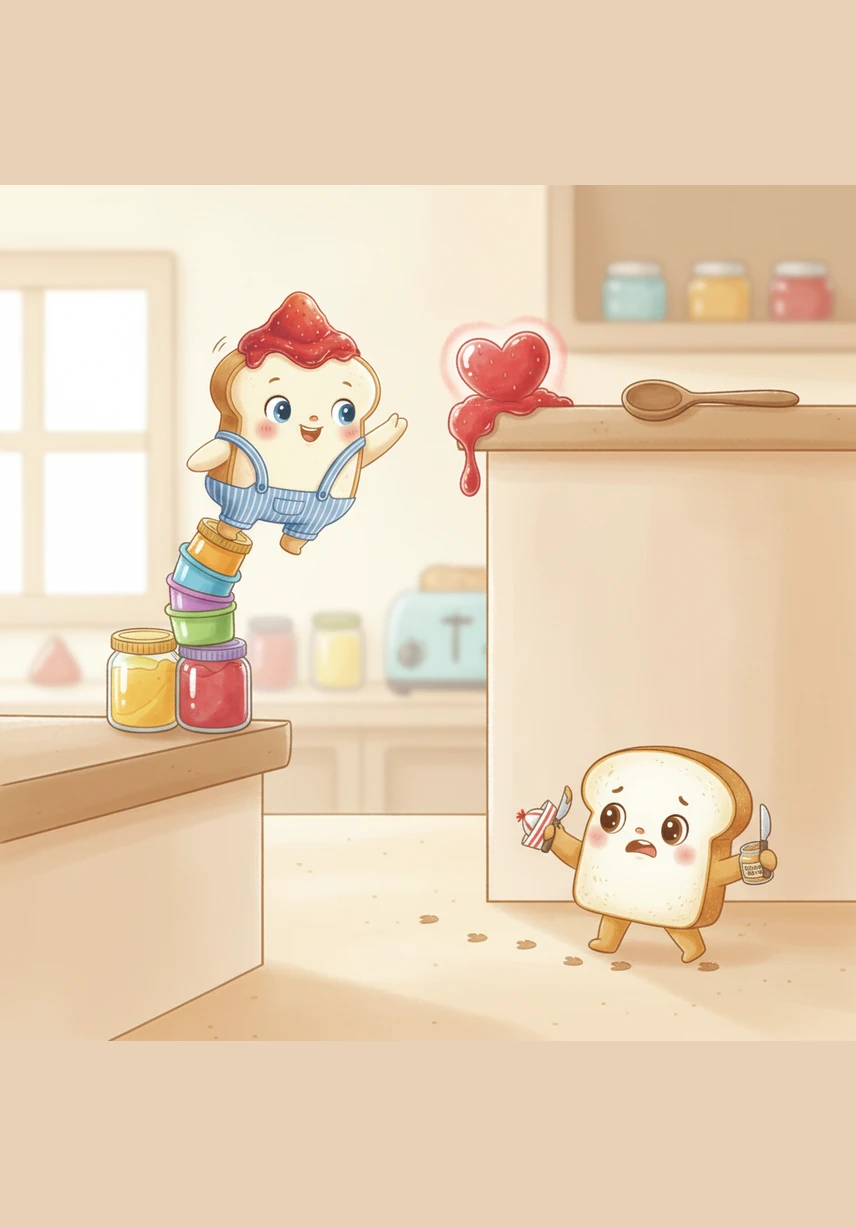 Jammy noticed the golden glow of the peanut butter slice and felt a flutter of excitement. They were different in every way, yet they felt a mysterious pull toward one another across the kitchen landscape.