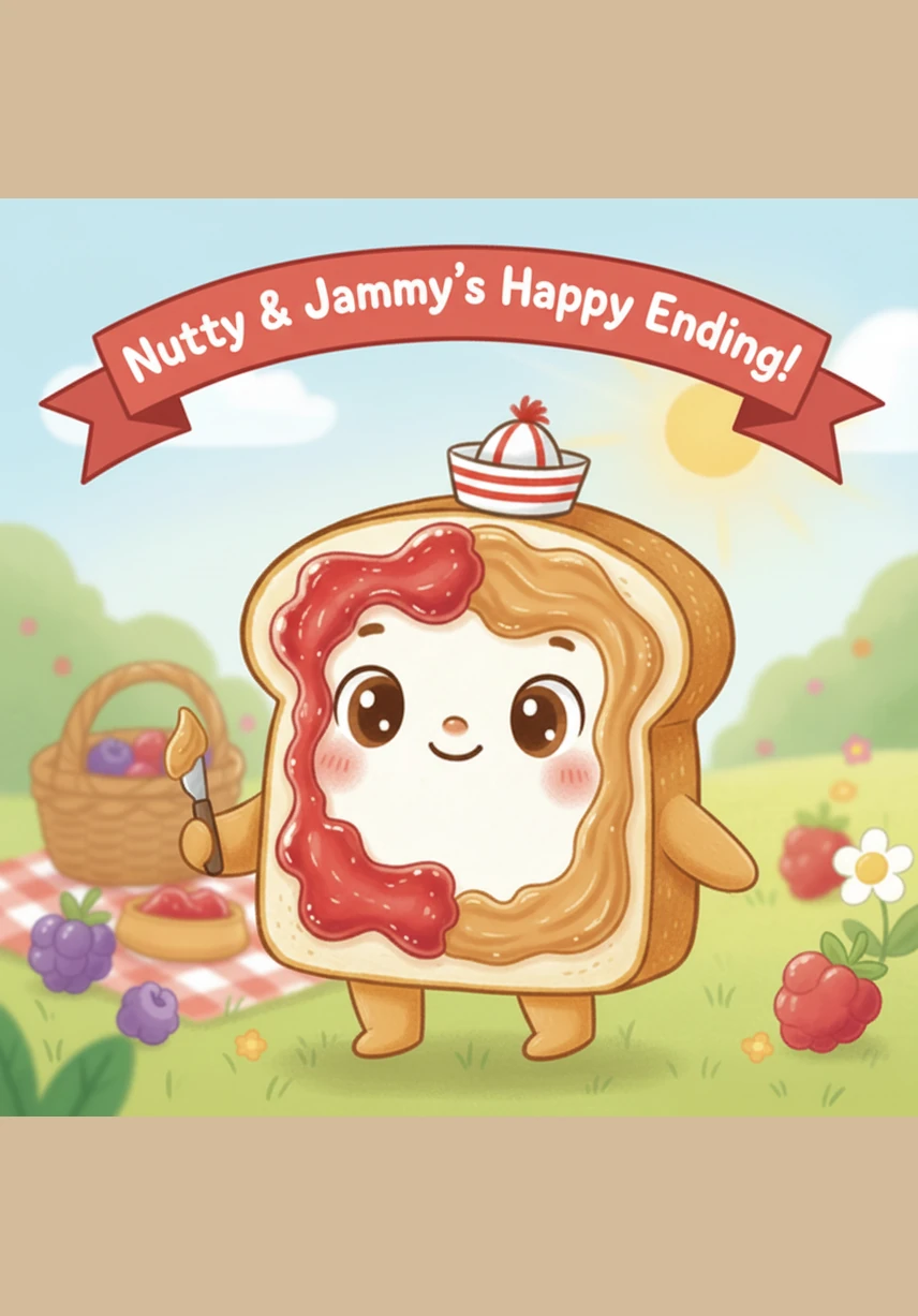 Now united as one magnificent sandwich, Nutty and Jammy were ready for their big adventure. They had found their missing piece and discovered that life is always better when you have someone to stick with.