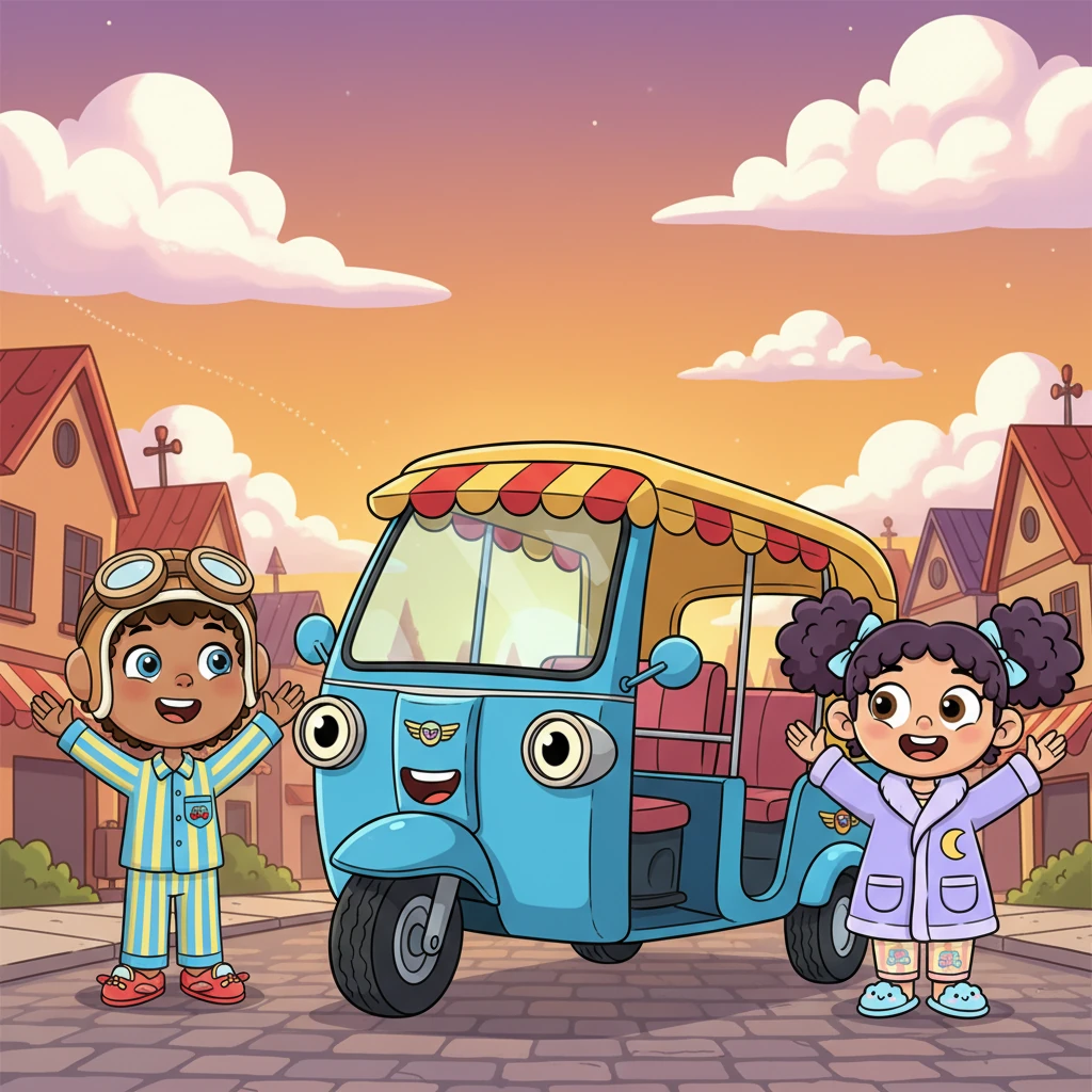 Zoomy was a bright blue tuk-tuk who usually zipped through busy streets, carrying happy passengers. But every evening, as the sun dipped low, Zoomy would park and gaze at the sky, secretly wishing he could fly among the fluffy clouds.