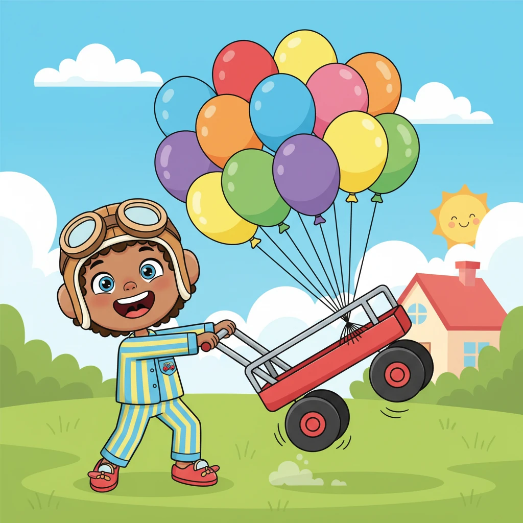 One sunny morning, Zoomy tried his first big idea! He tied dozens of colorful balloons to his roof and handlebars. With a mighty tug, he lifted just a tiny bit, wobbled, and then gently bounced back to the ground with a soft thud.