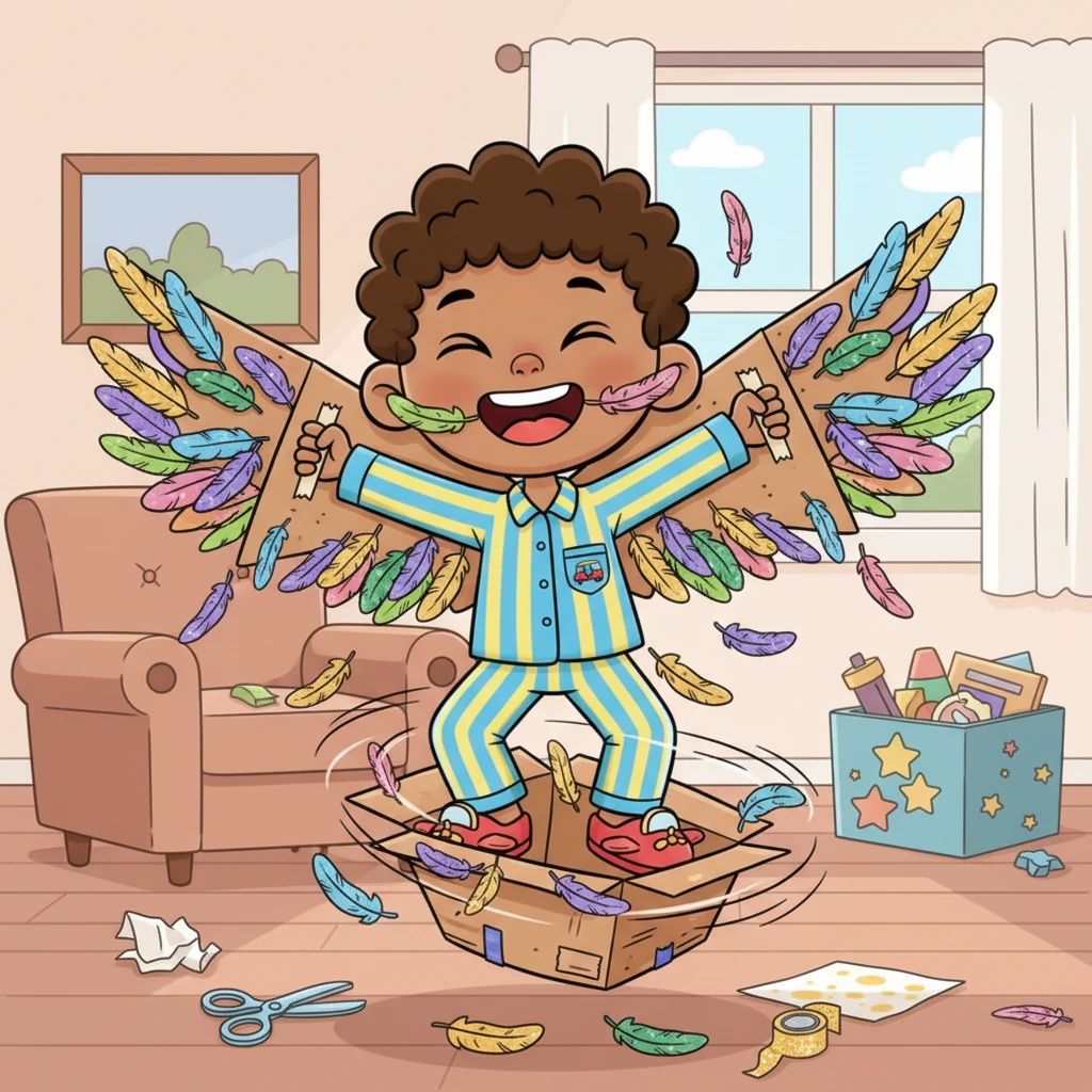 Next, Zoomy crafted magnificent wings from old cardboard boxes and sparkly feathers he found. He flapped and wiggled with all his might, but instead of soaring, he only spun in circles, tickling himself with the feathers.