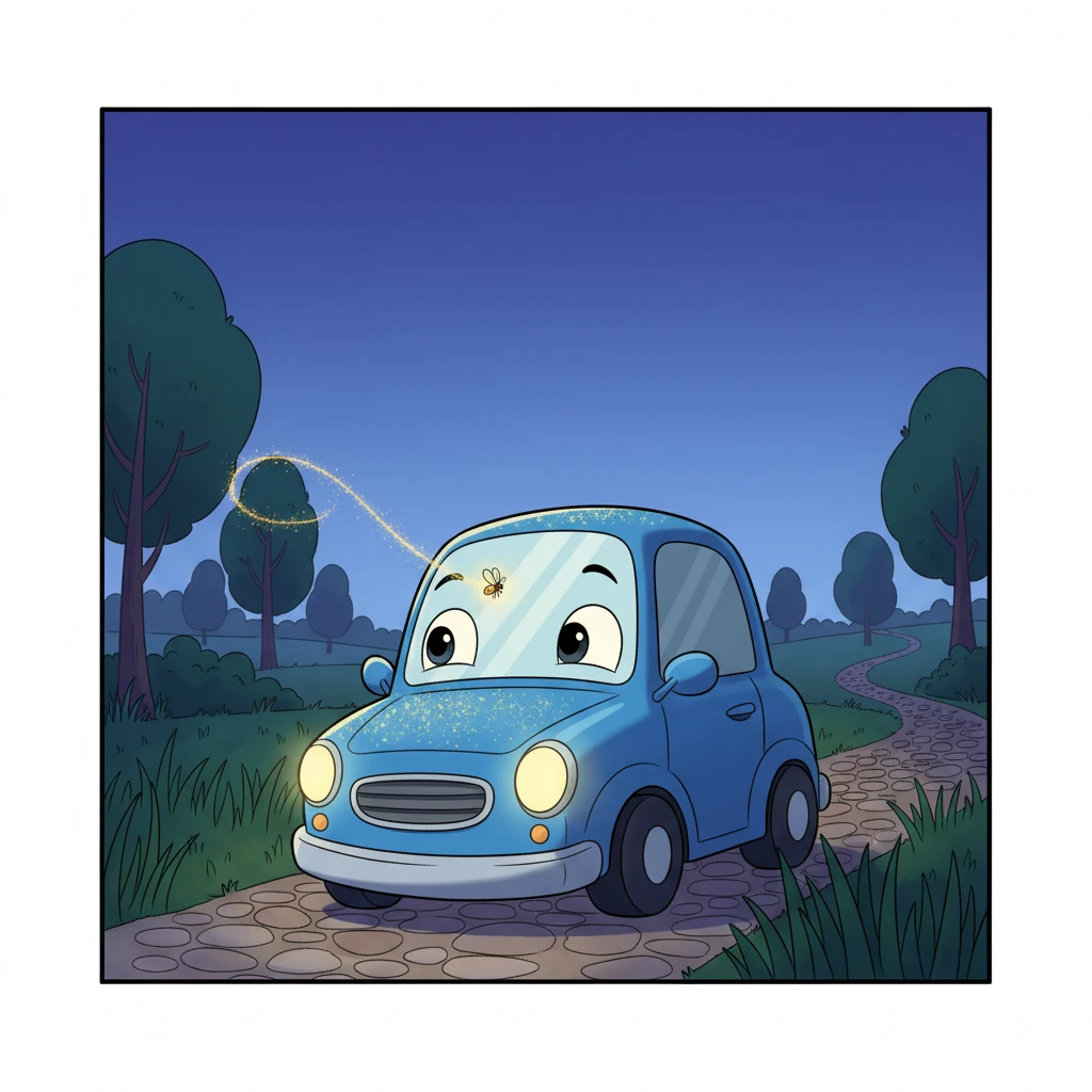As dusk settled, a tiny, glowing firefly, no bigger than a button, zipped past Zoomy's windshield. It left a faint trail of shimmering, golden dust that settled softly over his shiny blue paint.
