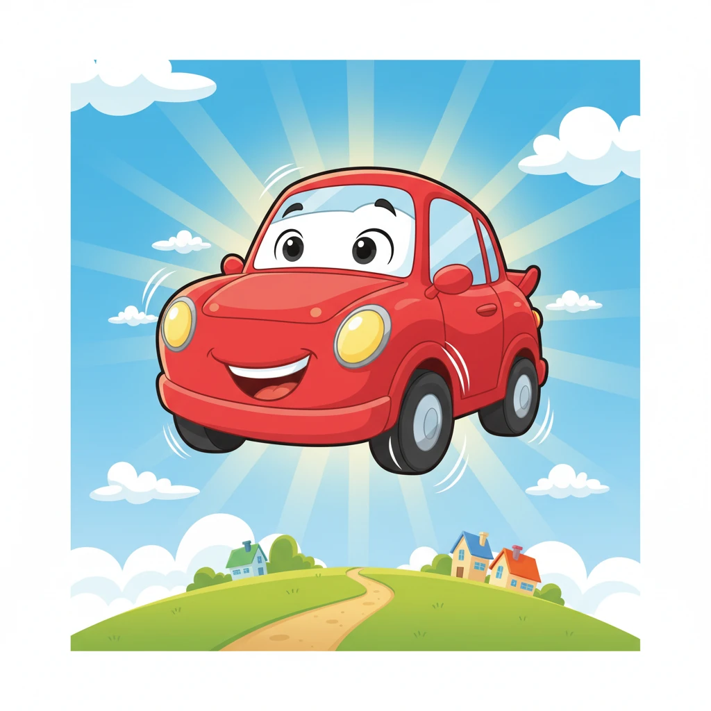 Zoomy felt a funny tingle from his tires to his roof. He revved his engine, and to his utter astonishment, he lifted off the ground! Higher and higher he floated, his wheels spinning gently in the air.