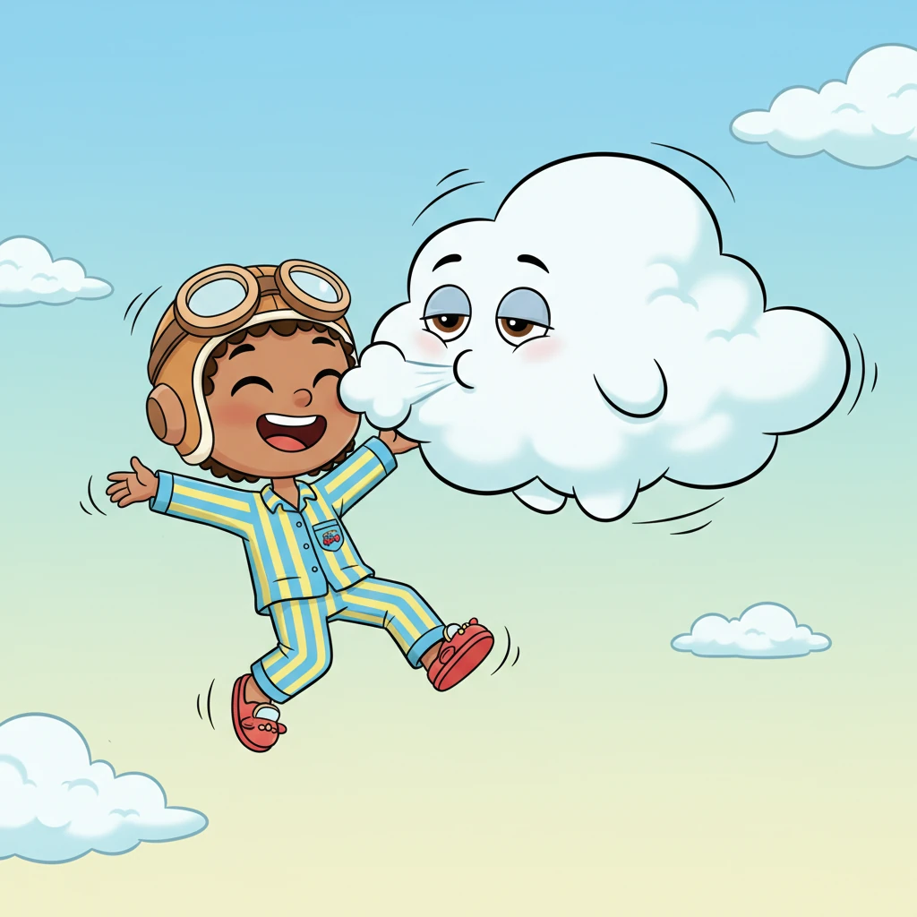 Suddenly, a friendly, fluffy cloud creature with big, sleepy eyes floated alongside him. It giggled a soft, misty laugh and playfully bumped noses with Zoomy, making him spin happily.