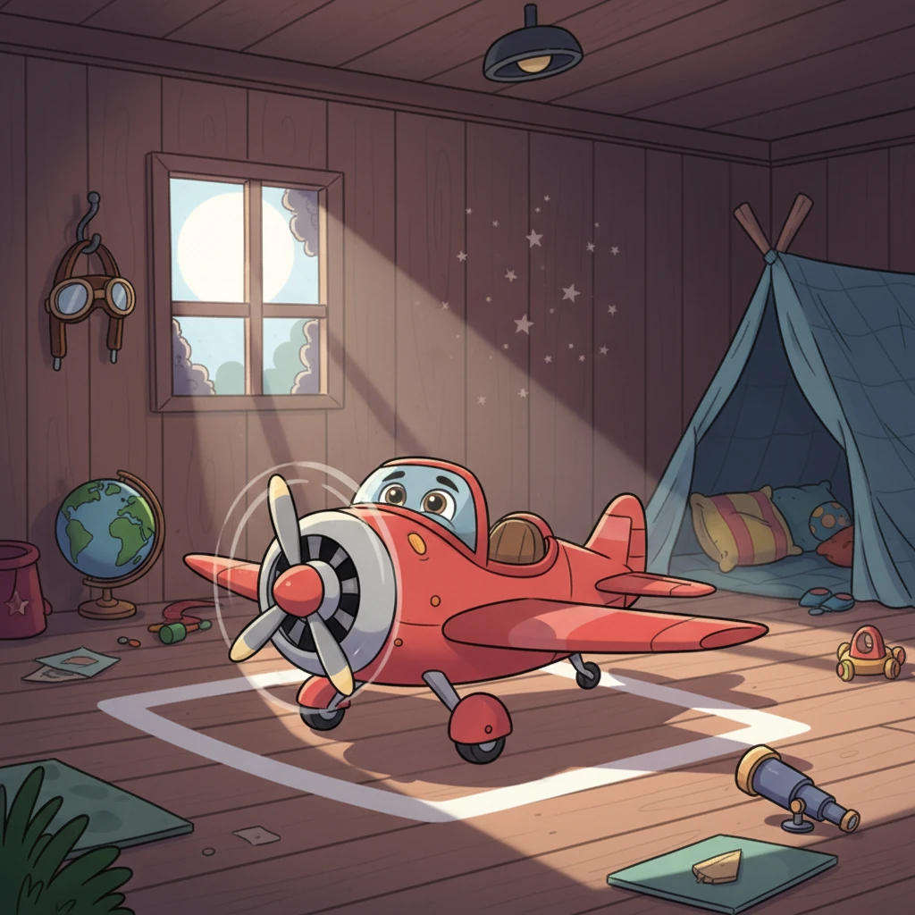 With a soft bump, Zoomy landed perfectly back in his garage, right in his parking spot. He was tired but filled with happy memories, ready to dream of flying adventures until the next starry night.
