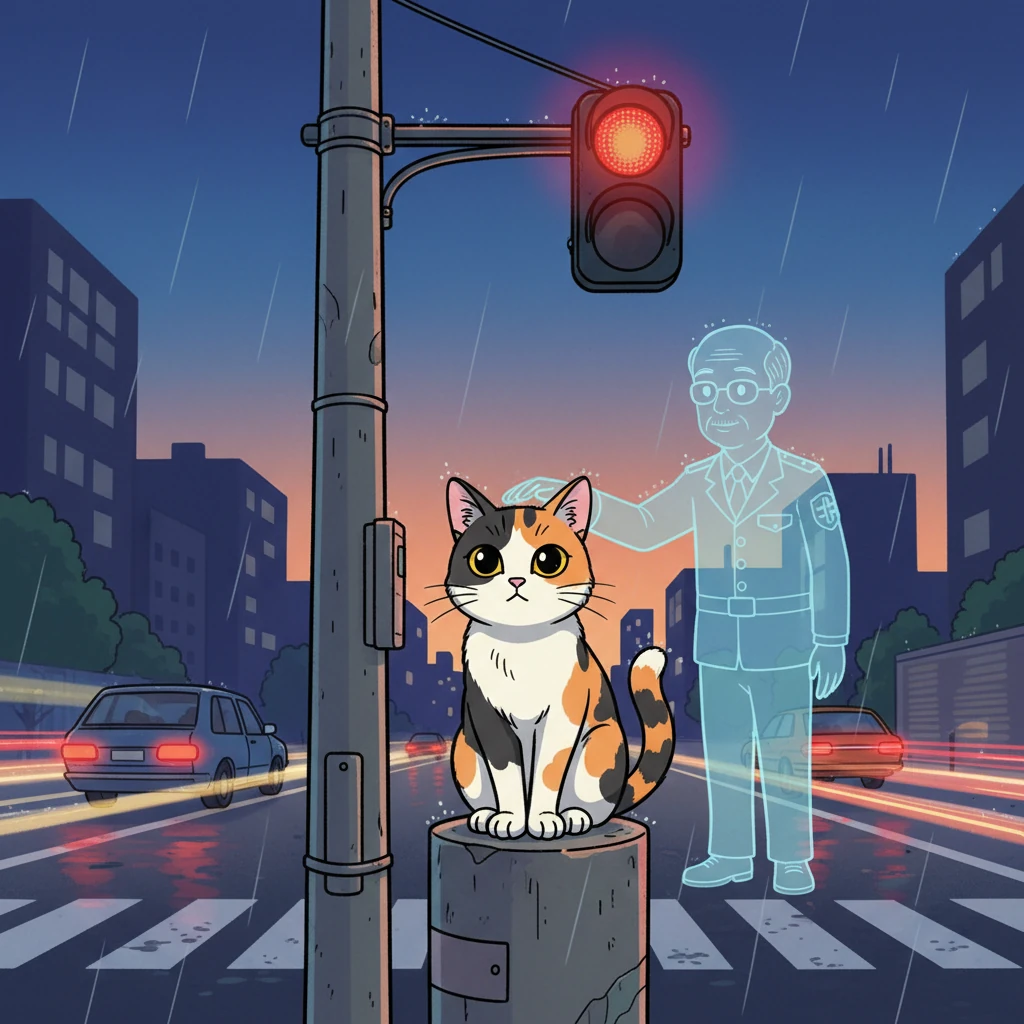 Kiko, the magnificent calico, sits regally on a concrete pillar at a rain-slicked Japanese crosswalk at dusk. Her intelligent amber eyes are fixed on the glowing red traffic light, a beacon of stillness amidst the blurred city rush. Beside her, the faint, shimmering outline of Old Man Hiroshi, a kind crossing guard from long ago, stands vigil, his invisible hand gently resting on Kiko’s fluffy head. The air is thick with the scent of rain and the quiet hum of the city.