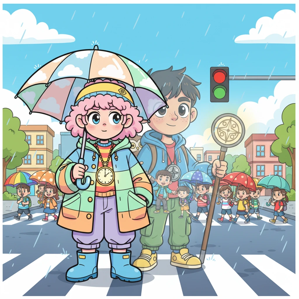 As the light turns green, a stream of cheerful schoolchildren crosses, their colorful umbrellas bobbing like flowers. Kiko’s gaze follows them, a subtle shift in her intelligent eyes, while Hiroshi's translucent form nods almost imperceptibly with a gentle smile. They are a silent, watchful duo, guardians of this bustling corner, their presence a comforting secret.
