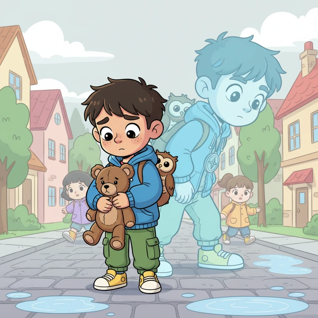 A small boy, lost in thought and clutching a worn teddy bear, lags behind his friends, his eyes downcast. He doesn't notice the puddles or the hurried footsteps around him, his mind far away in a world of his own. Kiko's ears twitch, and Hiroshi's faint silhouette leans forward slightly, a hint of concern rippling through his spectral posture.