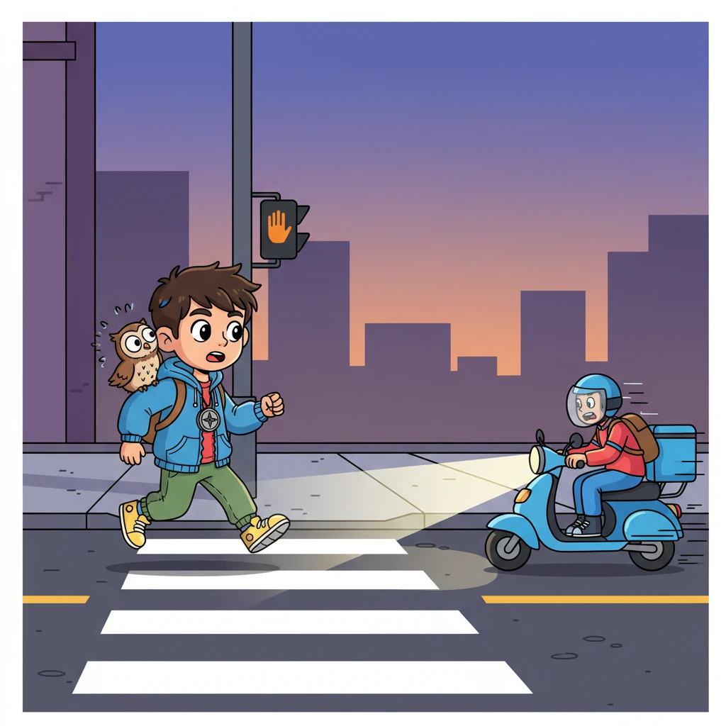The 'walk' signal begins to flash, warning of the impending change, but the boy remains oblivious. He is about to step off the curb just as a delivery scooter, its light a streak in the deepening dusk, whizzes by, narrowly missing the crosswalk edge. A shiver runs through Kiko’s fur, a silent alarm bell ringing in her guardian heart.