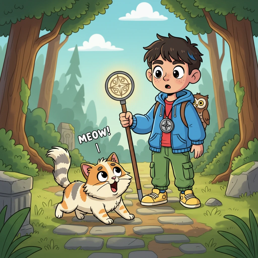 With a sudden, surprising burst of energy, Kiko leaps gracefully from her pillar, a blur of cream, orange, and gray. She lands with a soft thud directly in the boy's path, letting out a surprisingly loud, insistent 'MEOW!' Her fluffy tail swishes, a vibrant exclamation point.