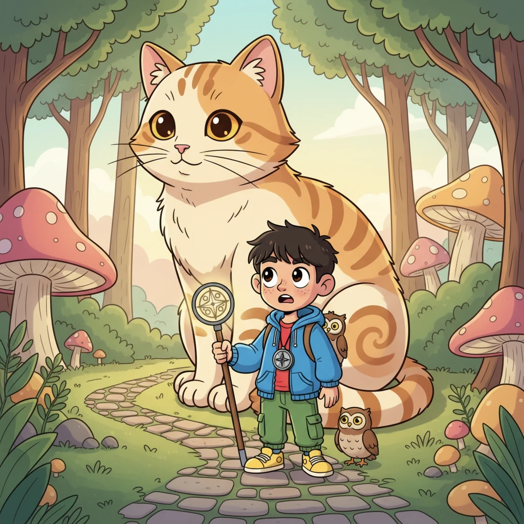 Startled, the boy looks up, his eyes widening at the sight of the majestic cat blocking his way. Kiko meets his gaze, her amber eyes conveying a silent message of caution and gentle reassurance. For a fleeting moment, he feels an odd warmth, a sense of being looked after by an unseen friend.