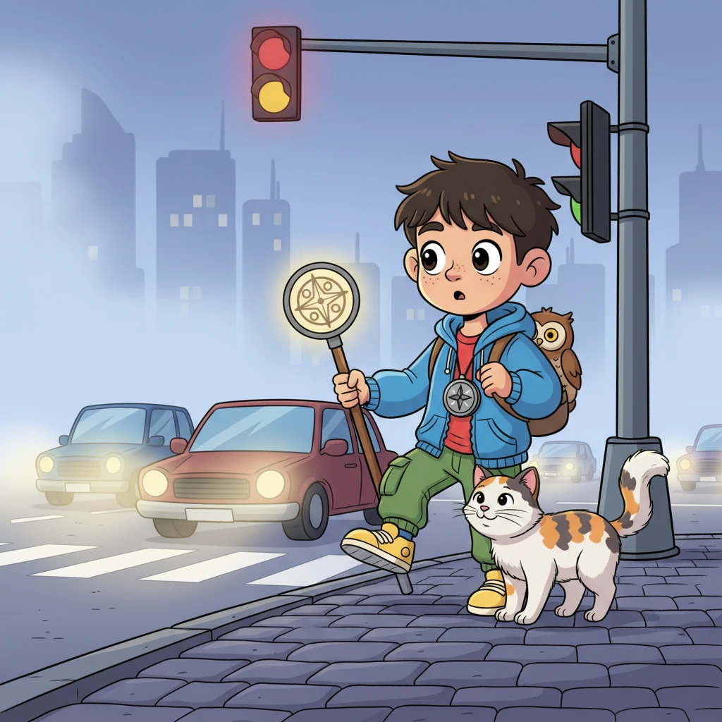 The boy instinctively pauses, noticing the flashing light for the first time, and steps back onto the curb just as the traffic light turns red. Cars begin to flow again, their headlights cutting through the misty air. Kiko gives a soft, satisfied purr, rubbing against his leg once before gracefully returning to her pillar.